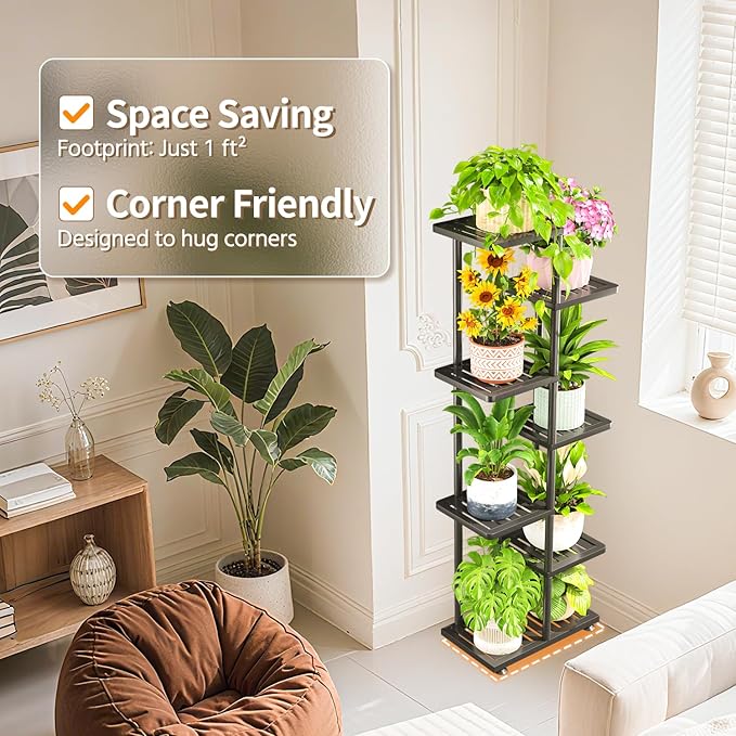 LASZOLA 6 Tier Plant Stand Indoors Outdoors for Large Heavy Duty Planter, Black Metal Tall Flower Holder Rack with Multiple Shelf for Modern Patio Corner, Vertical Organizer, Weather Resistant Bracket