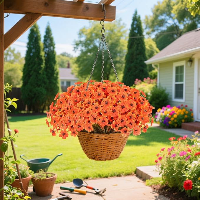 22Bunches of Outdoor Artificial Flowers, UV Resistant Fake Flowers Artificial Silk Flowers with Plastic Plants for Indoor Outdoor Front Porch Hanging Planter Decoration (22, Light autumn orange)