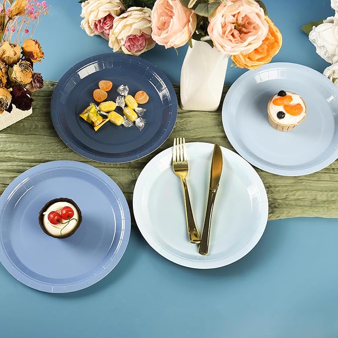 Dusty Blue Paper Plates Gradient Blue Party Plates 7”Disposable Round Dessert Plates for Birthday Wedding Bridal Engagement Baby Shower Party Supplies 4 Colors (48)