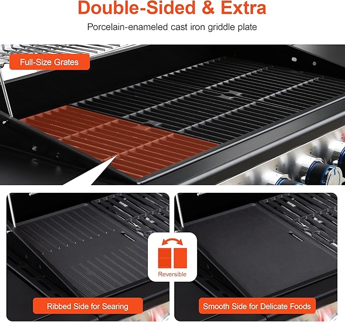 Brand-Man 6 Burner Propane Grill with Infrared Sear Side Burner & Porcelain-Enameled Cast Iron Grate and Plate, Cabinet Style Gas BBQ Grill with Side Table for Barbecue Grilling & Backyard Cooking