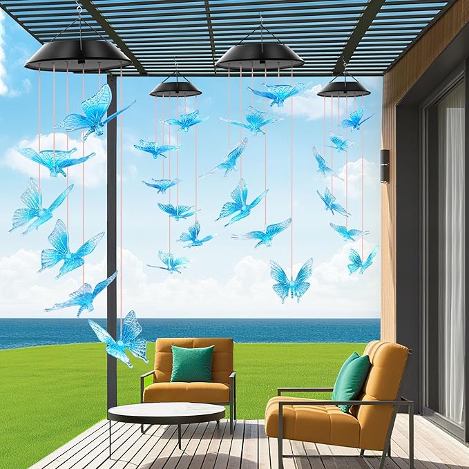 Blue Butterfly Solar Wind Chimes Color Changing Lights Outdoor, Best Gifts for Mom Grandma Women Wife Aunt Daughter Sister, Unique Mobile Wind Chime, Gardening Yard Decorations