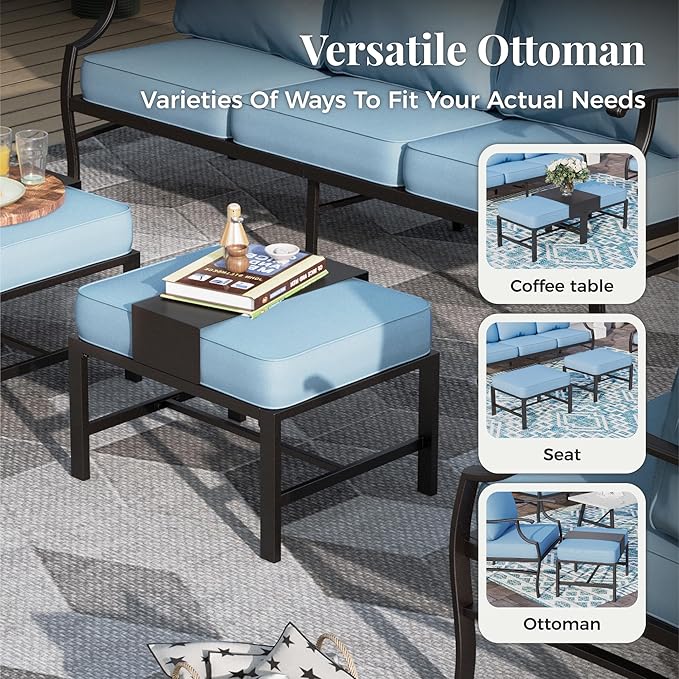 Patio Furniture Set 5 pcs, Outdoor Patio Furniture, 3-Seat Sofa, 2 Single Chairs, 2 Ottomans and 5.75" Extra Thick Cushion, Patio Conversation Set for Garden Backyard Deck,Blue