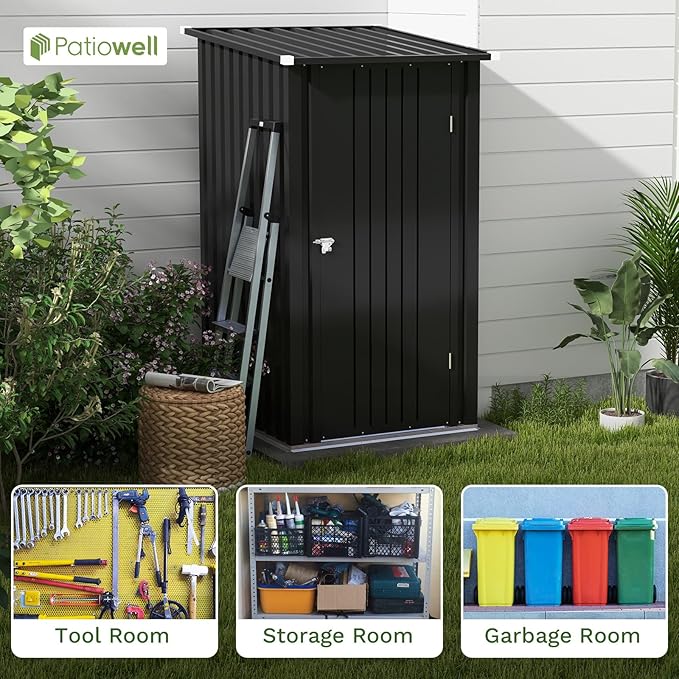 Patiowell 3 x 3 FT Outdoor Storage Shed,Small Garden Tool Storage Shed with Sloping Roof and Single Lockable Door, Outdoor Shed for Backyard Garden Patio Lawn, Black