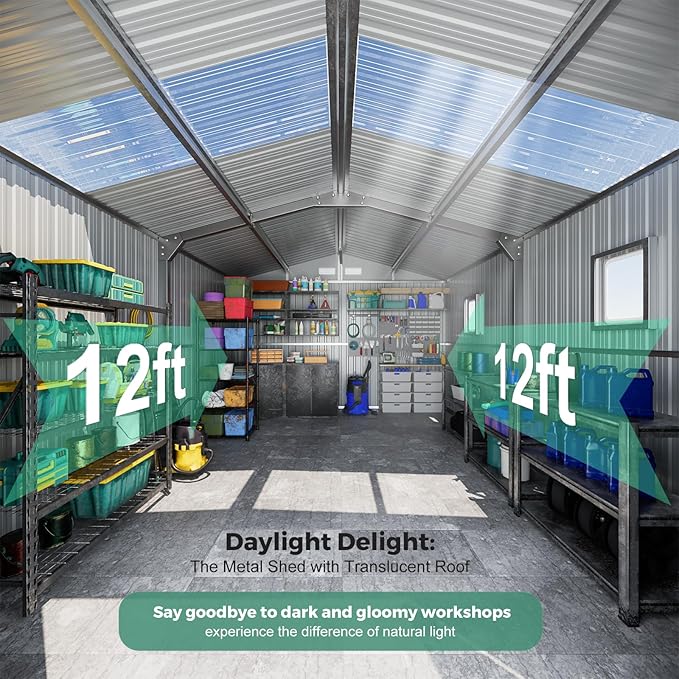 Metal Shed 10x12 Reinforced Sheds Outdoor Storage, Natural Lighting Tool Sheds with Translucent Roof Panels, Windows, and Lockable Doors, Ideal for Garden, Backyard, and Patio