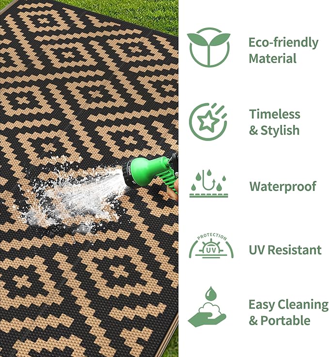 GENIMO 5x8 Outdoor Rug Waterproof, Reversible Mats, Area Rug, Plastic Outside Carpet, Geometric Rv Mat for Patio Camping Rv Picnic Backyard Deck Balcony Porch Beach Trailer (Black & Brown)