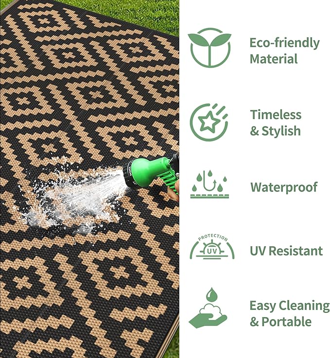 GENIMO Outdoor Rug Waterproof, 10' x 20' Reversible Plastic Straw Rugs, Lightweight Large RV Camping Mat for Patio, Deck, Camper, Balcony, Backyard, Picnic, Black & Brown