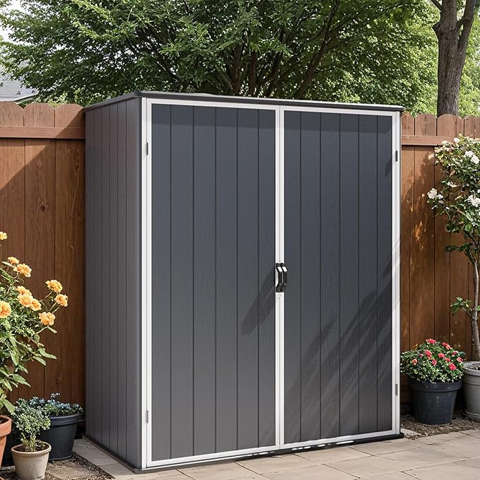 Patiowell Plastic Outdoor Storage Shed, 5 x 3 FT Patio Storage Shed Cabinet with Stable Roof & Lockable Doors Waterproof Resin Shed for Tools, Patio Furnitrue Accessories, Dark Gray