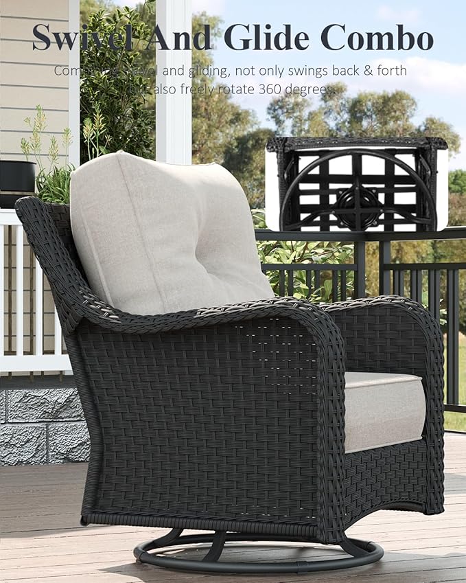 LayinSun 3 Piece Wicker Outdoor Furniture Set with 6-inch Comfy Cushions, High Back Patio Furniture Set with Swivel Rocking Chairs and Side Table