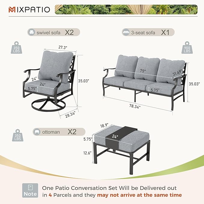 Patio Furniture Set 5 pcs, Outdoor Patio Furniture, 3-Seat Sofa, 2 Swivel Chairs, 2 Ottomans and 5.75" Extra Thick Cushion, Patio Conversation Set for Garden Backyard Deck,Grey