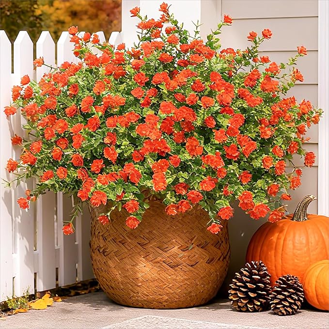 Ivydale Artificial Fall Mums Faux Flowers Plants for Outdoor Outside, 12 Bundles Fake Autumn Orange Daisy Flower Plastic Greenery Realistic UV Resistant for Front Porch Patio Balcony Garden Yard Decor