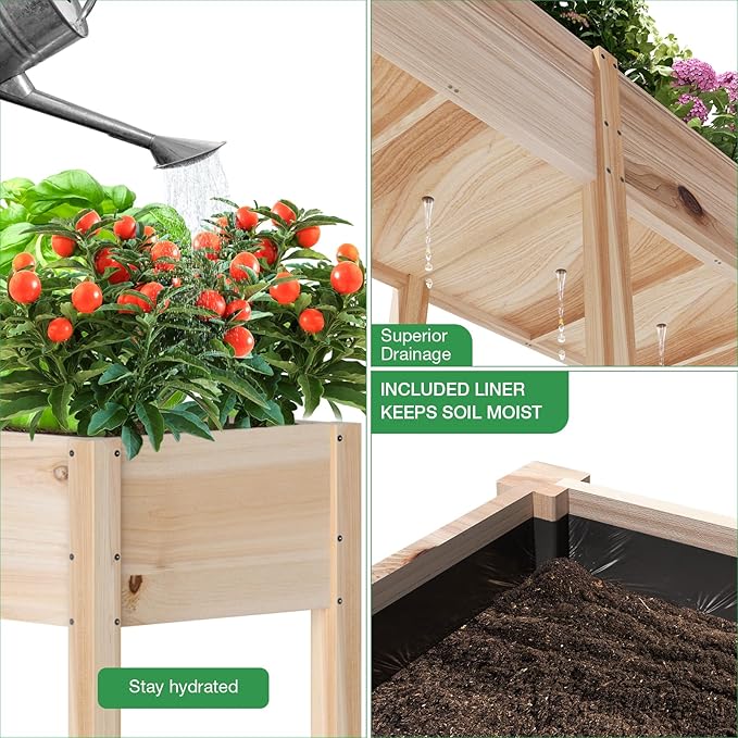 MIXC 72”L X 23”W Raised Garden Bed Outdoors with Legs, Elevated Reinforced Wooden Large Planter Box for Backyard, Patio, Balcony w/Divider Panel, 6 Legs, 300lb Capacity