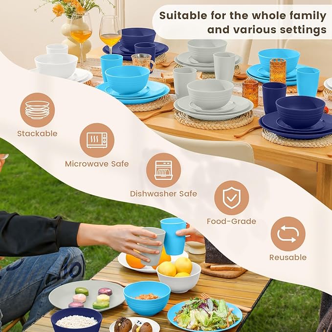 Homienly 40 PCS Wheat Straw Plates and Bowls Sets, Cups Sets, Service for 8, Unbreakable Microwave and Dishwasher Safe Dinnerware Sets,Reusbale Plastic Dishes Set - Island, Matte