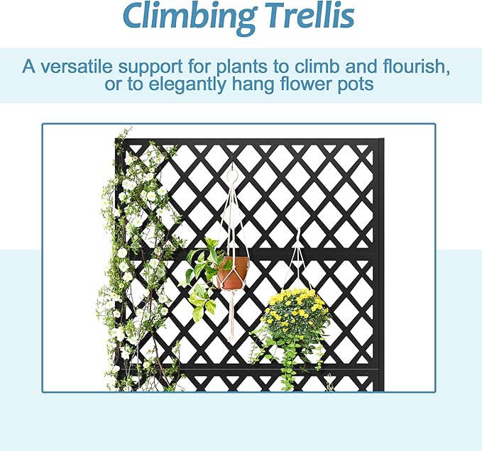 Metal Planter Box with Trellis & Wheels, Raised Garden Bed with Privacy Screen, Outdoor Standing Flower Beds with Drainage Hole for Climbing Plants, Vine, 47.2''L×15.7''W×70.9''H, Black