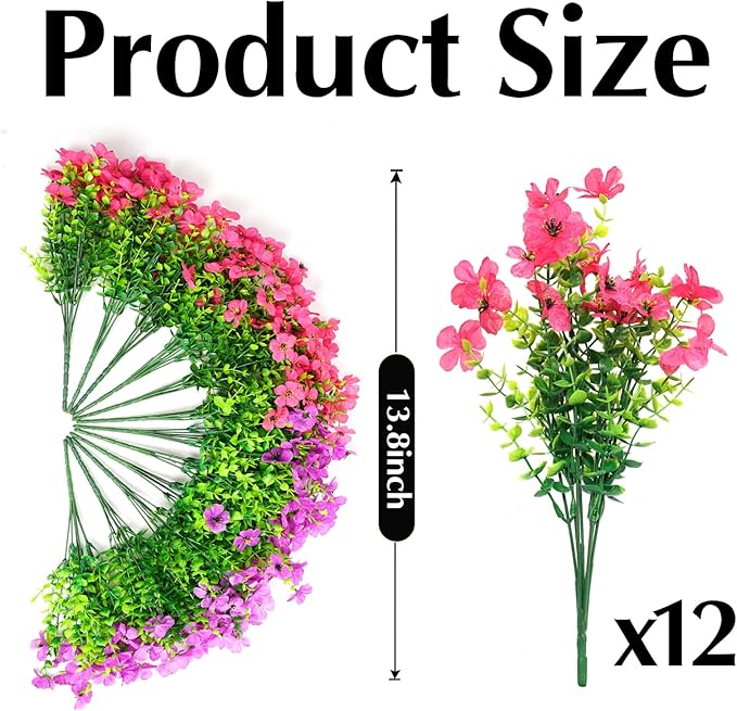 Artificial Flowers for Outdoors, 12 Bundles Outdoor Faux Plants,Uv Resistant Artificial Fake Flowers Plants, Realistic Spring Decor for Porch, Patio, Yard (LightRedPurple)
