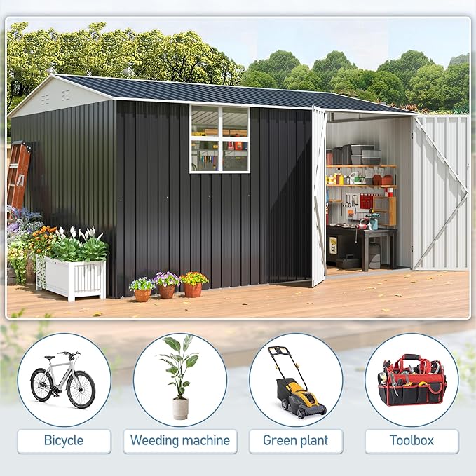 10X12 FT Outdoor Storage Shed, Metal Garden Shed with Updated Lockable Doors and Frame Structure, Large Tool Sheds for Backyard Garden Patio Lawn,Black