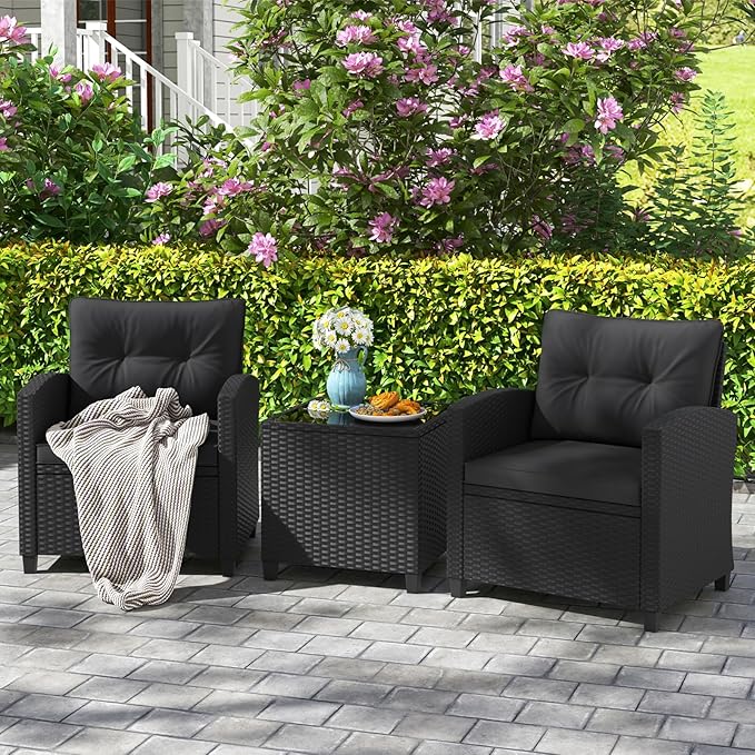 HAPPYGRILL 3 Pieces Wicker Patio Conversation Set, PE Rattan Bistro Sofa Set with Tempered Glass Coffee Table, Washable Cushions, Outdoor Furniture Set for Garden Poolside Balcony (Black)