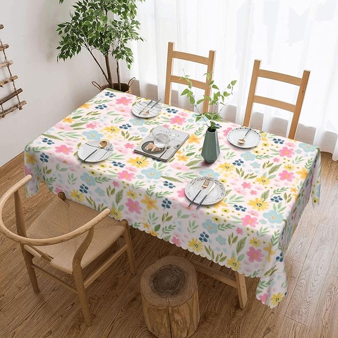 Cute Floral Table Cloth for Dining Tables, Reusable Boho Spring Flowers Tablecloths Rectangle Decoration Kitchen Colorful Wildflowers Summer Table Cover for Holiday,Party,Picnic,54x72Inch