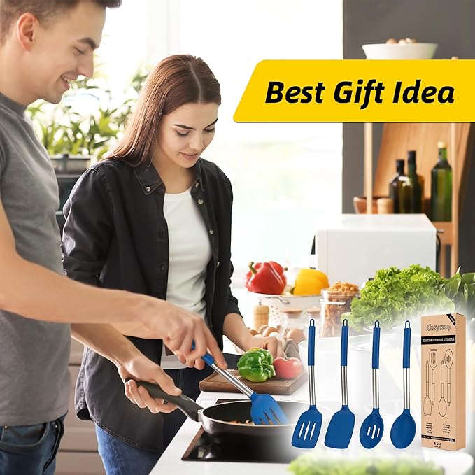 4 Pack Silicone Utensils Set, Non Stick Solid Spatulas, Heat Resistant Blue Slotted Spoons with Stainless Steel Handle, BPA Free Cooking Turner for Stir-Fry, Frying, Mixing, Serving,Draining,Turning