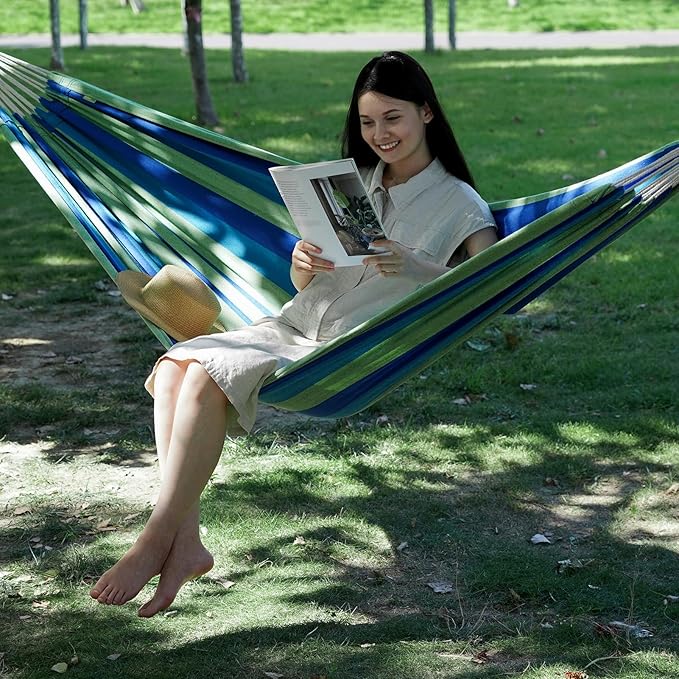 2 Persons Hammock - Portable Camping Bed for Patio, Backyard, Porch, Outdoor and Indoor Use - Soft Cotton Hammock with Carrying Bag