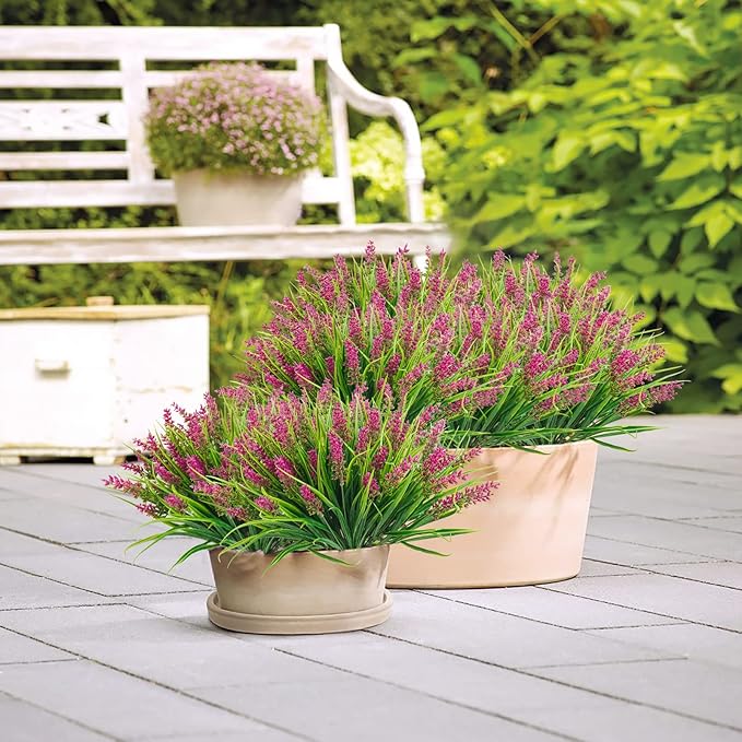 12 Bundles Artificial Plants Outdoor, 18.2" UV Resistant Faux Monkey Grass Greenery Stems No Fade Faux Plastic Flowers Shrubs for Home Weddings Garden Porch Front Patio Office Decor - Rose Red