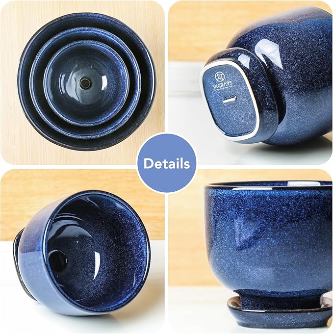 vicrays Ceramic Plant Pots Indoor - 6.8/5.5/4.3 Inch Planter Pot with Drainage Hole and Saucer for Succulent Orchid Flower Herbs Cactus - Gardening Home Desktop Office Decor – Set of 3 Blue