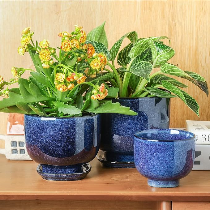 vicrays Ceramic Plant Pots Indoor - 6.8/5.5/4.3 Inch Planter Pot with Drainage Hole and Saucer for Succulent Orchid Flower Herbs Cactus - Gardening Home Desktop Office Decor – Set of 3 Blue
