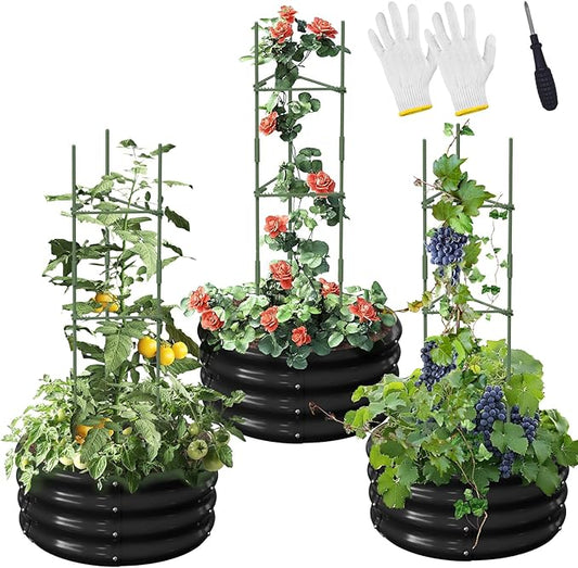 SUNYRISY 3 Pcs Galvanized Raised Garden Bed with Tomato Cages Trellis, Metal Outdoor Planter Garden Box with Plant Stakes Support for Climbing Plants Gardening Flowers Vegetables Herbs, Black