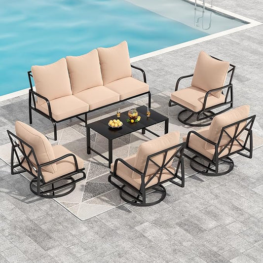 Soohow Outdoor Patio Furniture Set, 6 Piece Patio Furniture Set, 4 x Swivel Chair, 1 x 3-Seats Sofa, and 1 x Coffee Table, Outdoor Metal Conversation Set for Porch, Balcony, and Backyard