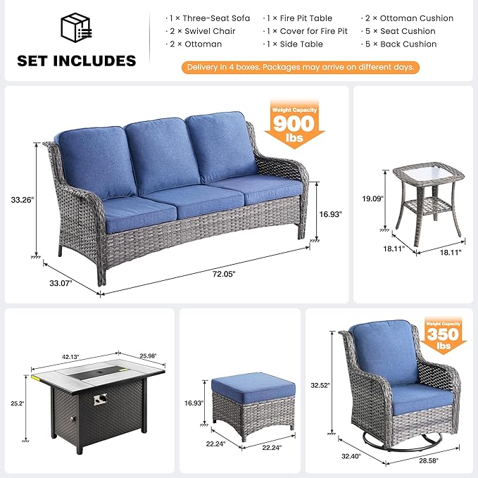 ovios 7 Pieces Patio Furniture Set, Outdoor Wicker Sofa Couch with Swivel Chairs 42" Fire Pit Table, All Weather High Back Modern Conversation Sets, Grey Rattan, Denim Blue