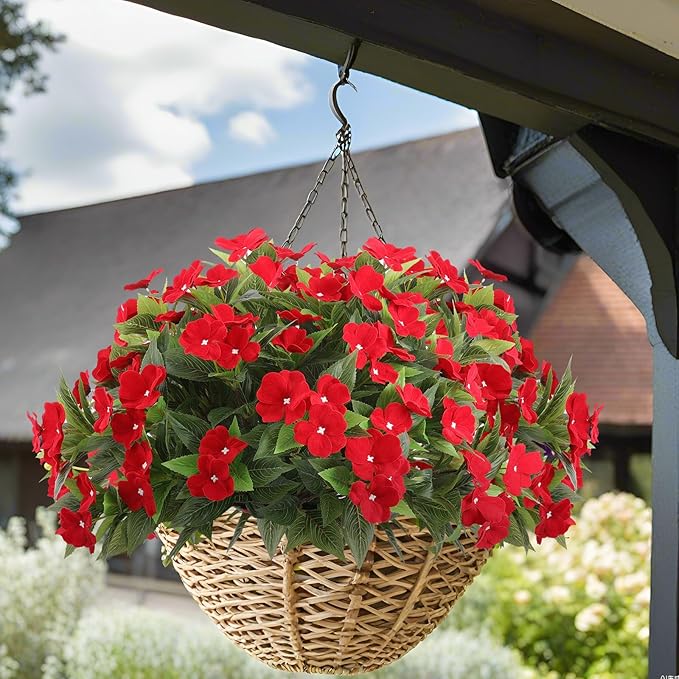 4 Pcs Artificial Flowers for Indoor Silk Impatiens Flowers Indoor Faux Impatiens Plants Red Impatien for Outside Pot Patio Garden Hanging Basket Porch Decor (4, Red)