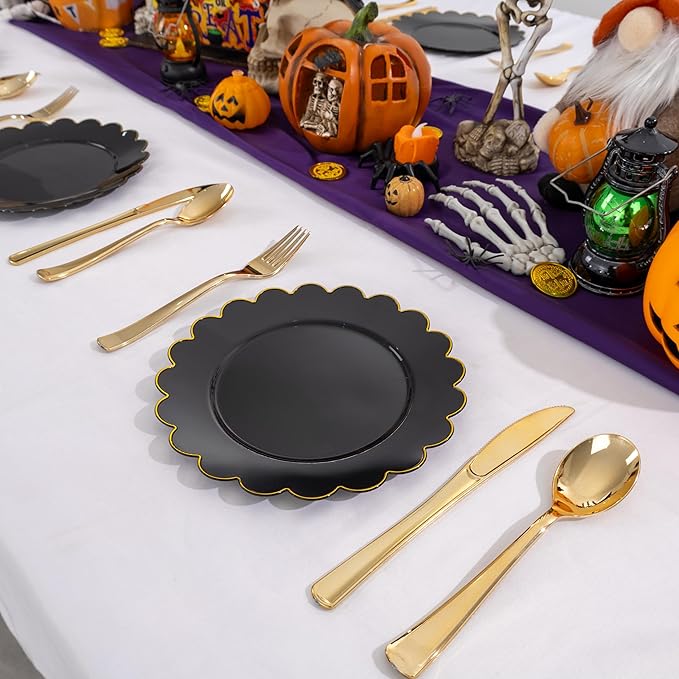 SUT 72 PCS Black Plates,Black Plastic Plates with Gold Rim, Black Party Plates, Plastic Plates for Party, 7.5 inch Plastic Dessert Plates, Black Disposable Plates for Party,New Year,Halloween