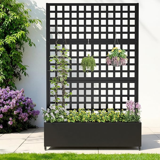 Metal Raised Garden Bed with Trellis & Wheels,70" x 47"x 15.7" Planter Box with Trellis,Privacy Planters for Patio,Garden Bed for Climbing Plants,Suitable for Climbing Plants and Vegetables,Black