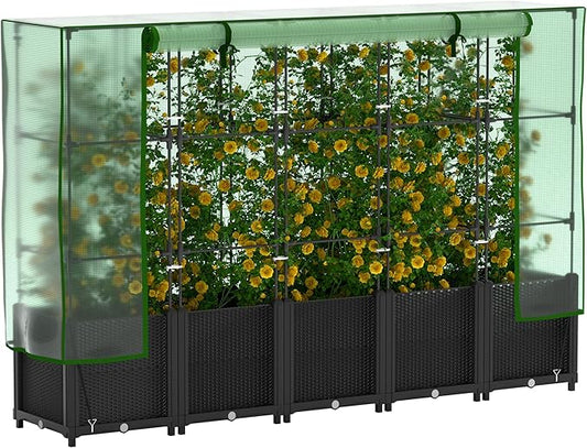 Onelike 80'' x 16'' x 55.5'' Plastic Raised Garden Bed with Greenhouse Cover and Trellis, Vertical Tomato Planters for Climbing Plants, Self Watering System Tomatoes Cage for Patio,Black,Large