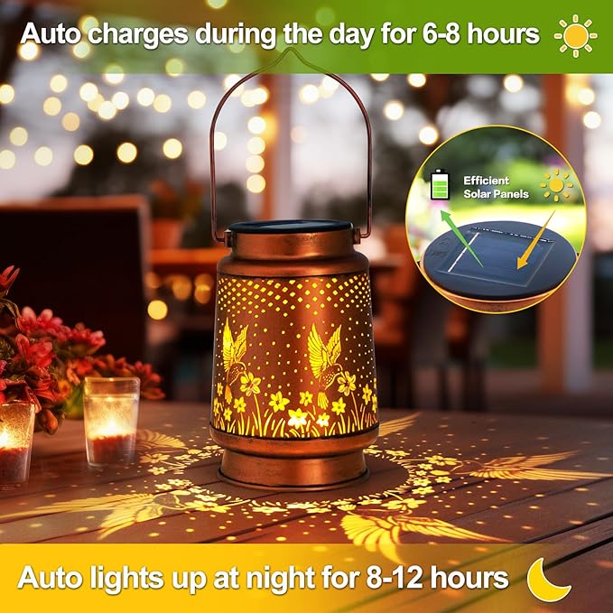 4 Pack Hummingbird Birthday Gifts for Women Mom Grandma Solar Lanterns Outdoor Waterproof Garden Decor Metal Hanging LED Decorative Light for Patio Yard Lawn Backyard Front Porch Gardening Gifts