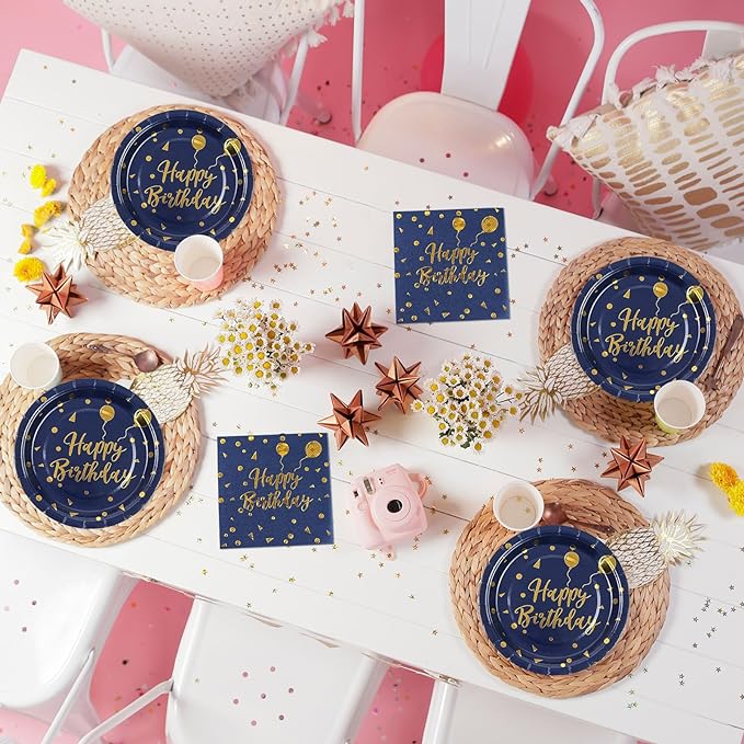 150PCS Happy Birthday Paper Plates and Napkins - 7 Inch Deep Blue Gold Dot Paper Plates and 6.5 Inch Napkins with 6.3 Inch Gold Forks Disposable Tableware Set for Birthday Party Decorations, Serves 50