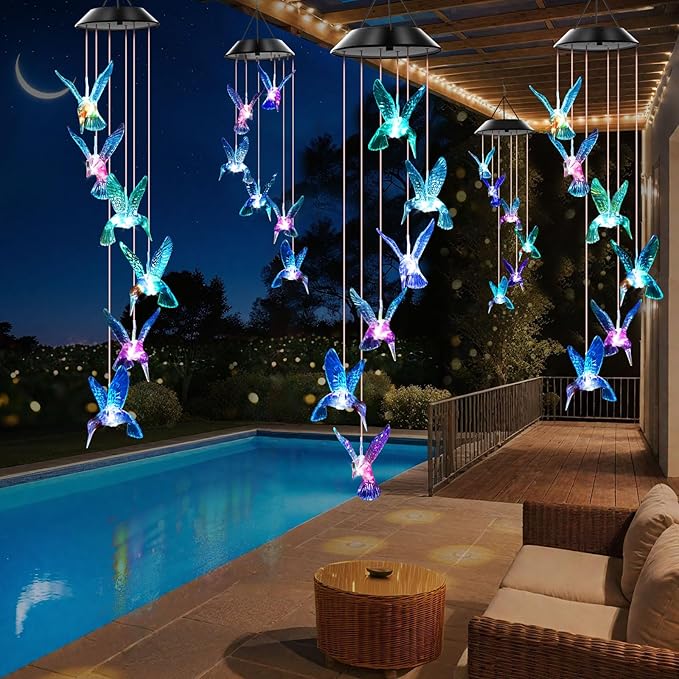 Blue Hummingbird Solar Wind Chimes Color Changing Lights Outdoor, Best Gifts for Mom Grandma Women Wife Aunt Daughter Sister, Unique Mobile Wind Chime, Gardening Yard Decorations