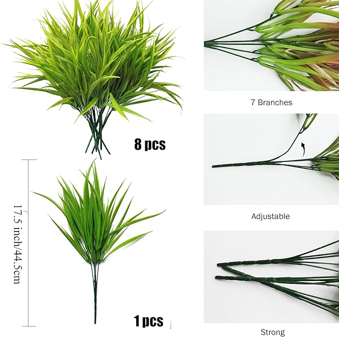 Outdoor Artificial Plants 8 Bundles Fake Plants Grass UV Resistant Fake Flowers Bush Greenery,17Inch Tall Faux Grass Shrubs for Home Porch Pathway Garden Décor Outside Indoor (Green)