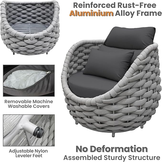 6 PCS Deck Furniture Accent Chair: Aluminum Woven Rope Chair - Outdoor Lounge Armchair Cushioned - Modern Patio Seating Assembled - All Weather for 400lbs Porch Lanai Balcony Yard Garden Hotel