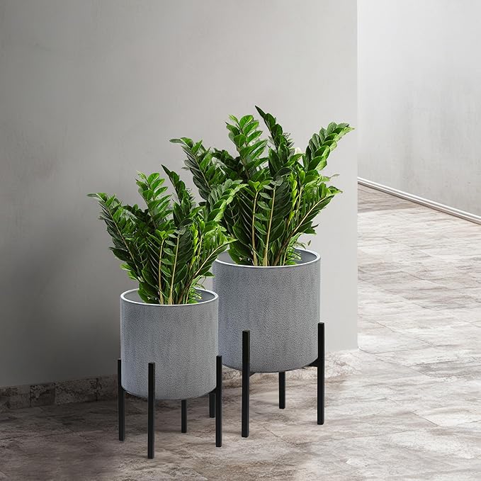 ARNIS Modern Plant Pots, Set of 2 Large Planters with Stand, Decorative Planters, Metal Pots with Drainage Holes for Living Room, Office, Garden or Balcony, 8.25 &10.5 Inch, Dark Cement Matte
