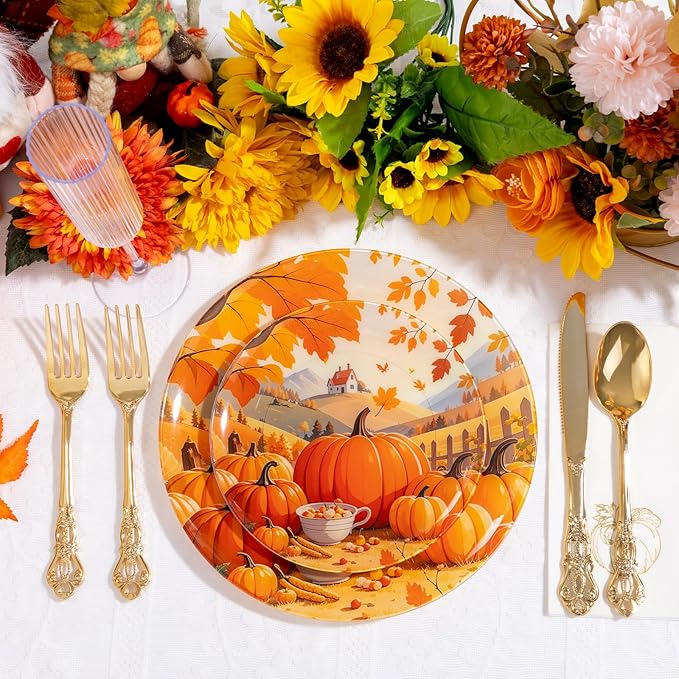60PCS Thanksgiving Plastic Plates - Heavy Duty Fall Plastic Plates - Pumpkin Disposable Plates Include 30 Dinner & 30 Dessert Plate for Friendsgiving Party Holiday