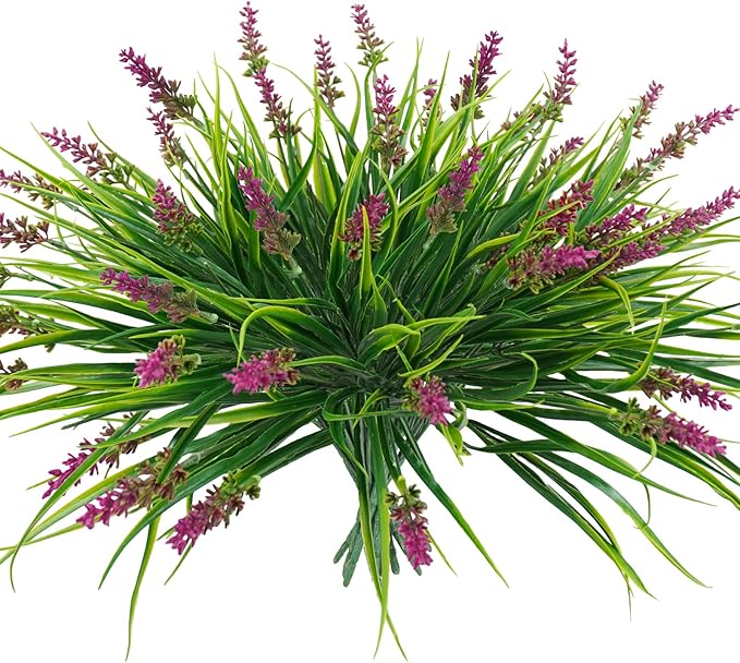 12 Bundles Artificial Plants Outdoor, 18.2" UV Resistant Faux Monkey Grass Greenery Stems No Fade Faux Plastic Flowers Shrubs for Home Weddings Garden Porch Front Patio Office Decor - Rose Red