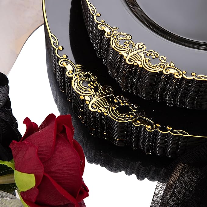 Hioasis 175pcs Black and Gold Plastic Plates - Elegant Disposable Dinnerware Set Suitable for 25 Guests Include 10.25" Dinner & 7.5" Dessert Plates, Cutlery, Napkins, Cups for Party & Halloween