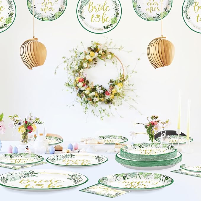 96Pcs Bridal Shower Party Supplies Sage Green Bride to Be Plates and Napkins Eucalyptus Leaves Tableware Sets Wedding Party Decorations for Engagement Bachelorette Miss to Mrs Party,Serves 24