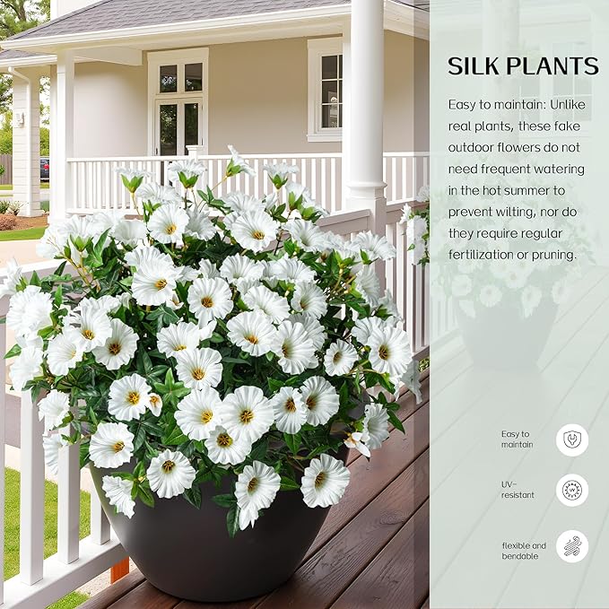 UV Resistant Artificial Petunias 13.3In Fake Flowers Artificial Flowers for Outdoors Silk Flowers 8PCS Fake Hanging Basket Plants Suitable for Outdoor Porch Decoration Patio Decor (White)