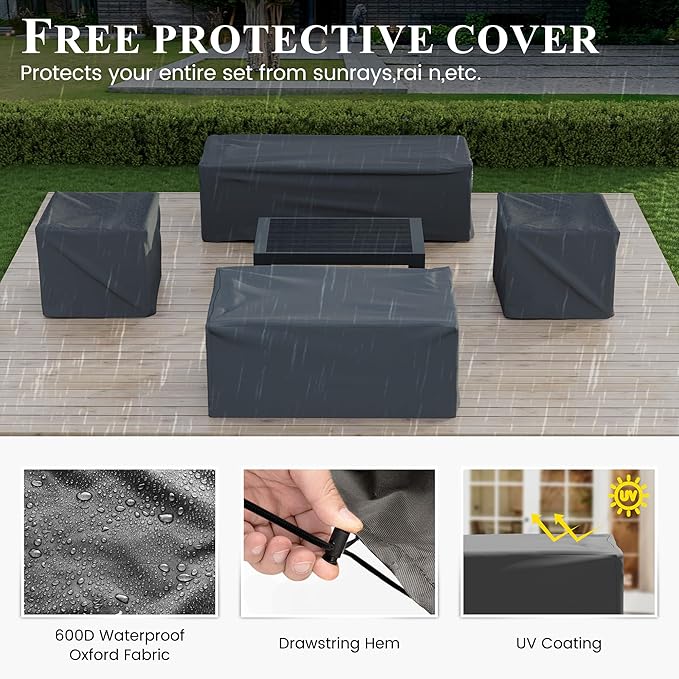 Aluminum Patio Furniture,Outdoor Metal Sectional Sofa with Table and Waterproof Covers,Grey and Blue Modern Patio Furniture Set for Garden Backyard (8-Piece)