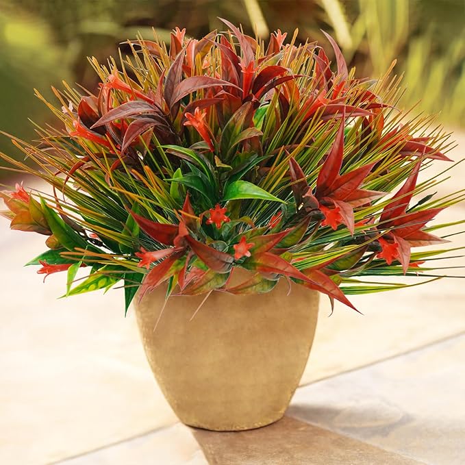 Uieke 16Pcs Outdoor Artificial Plants UV Resistant, Fake Morning Glory Flowers with Orange Grass, Tropical Flowers Fall Leaves Foliage for Garden Patio Sidewalk Décor Red