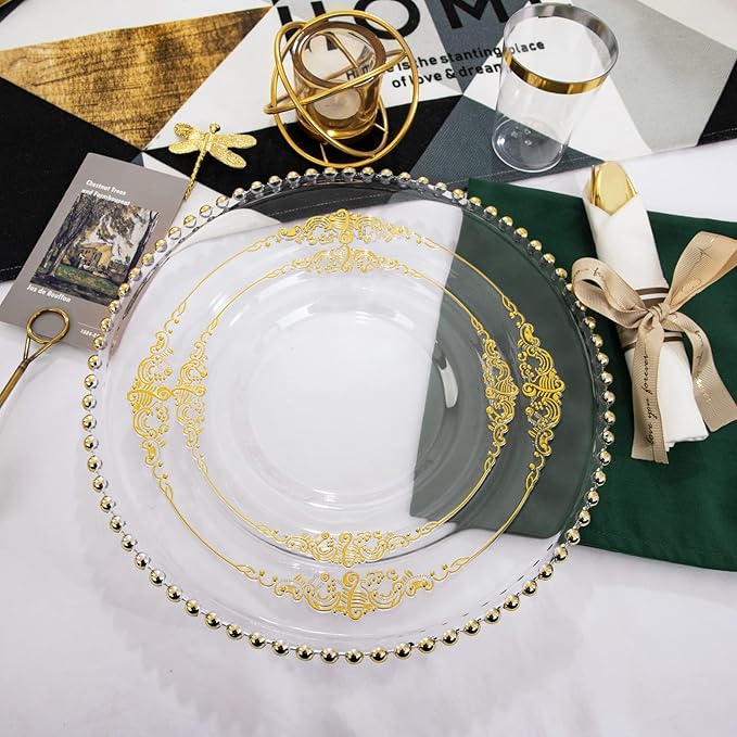Hioasis 350pcs Clear and Gold Plastic Plates - Elegant Disposable Dinnerware Set Suitable for 50 Guests Include 10.25" Dinner & 7.5" Dessert Plates, Pre Rolled Silverware Set, Cups for Party & Wedding