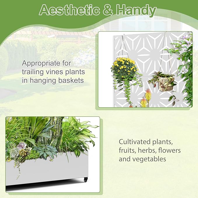 Raised Garden Bed with Trellis and Wheels,73"x47"x16" Metal Raised Garden Bed,White Star Metal Planter with Climbing Trellis for Vines & Vegetables