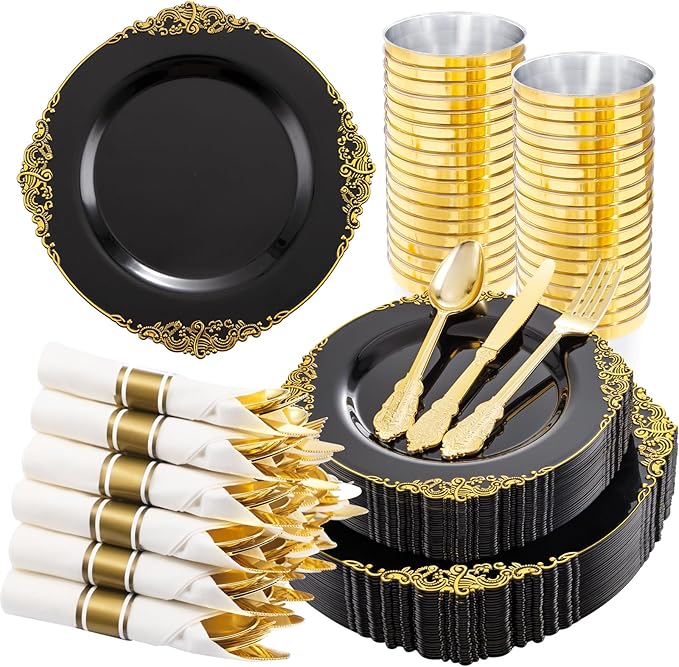 Hioasis 210pcs Black and Gold Plastic Plates - Disposable Dinnerware Set Suitable for 30 Guests Include 10.25" Dinner & 7.5" Dessert Plates, Pre Rolled Silverware Set, Cups for Party & Halloween