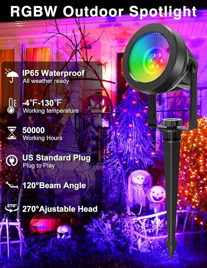 Halloween RGB Spot Lights Outdoor, LED Color Changing Landscape Lighting, Waterproof Spotlight with US Plug for Yard Garden Tree Path House Christmas Decoration (2 Pack)